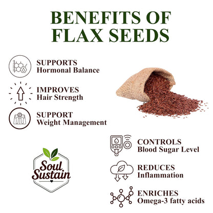 SoulSustain Flax Seeds Brown | Raw Linseed for Eating | Omega 3 Rich Seeds | High Fiber Flaxseed for Digestion, Heart Health, Weight Management | Vegan Gluten Free Superfood