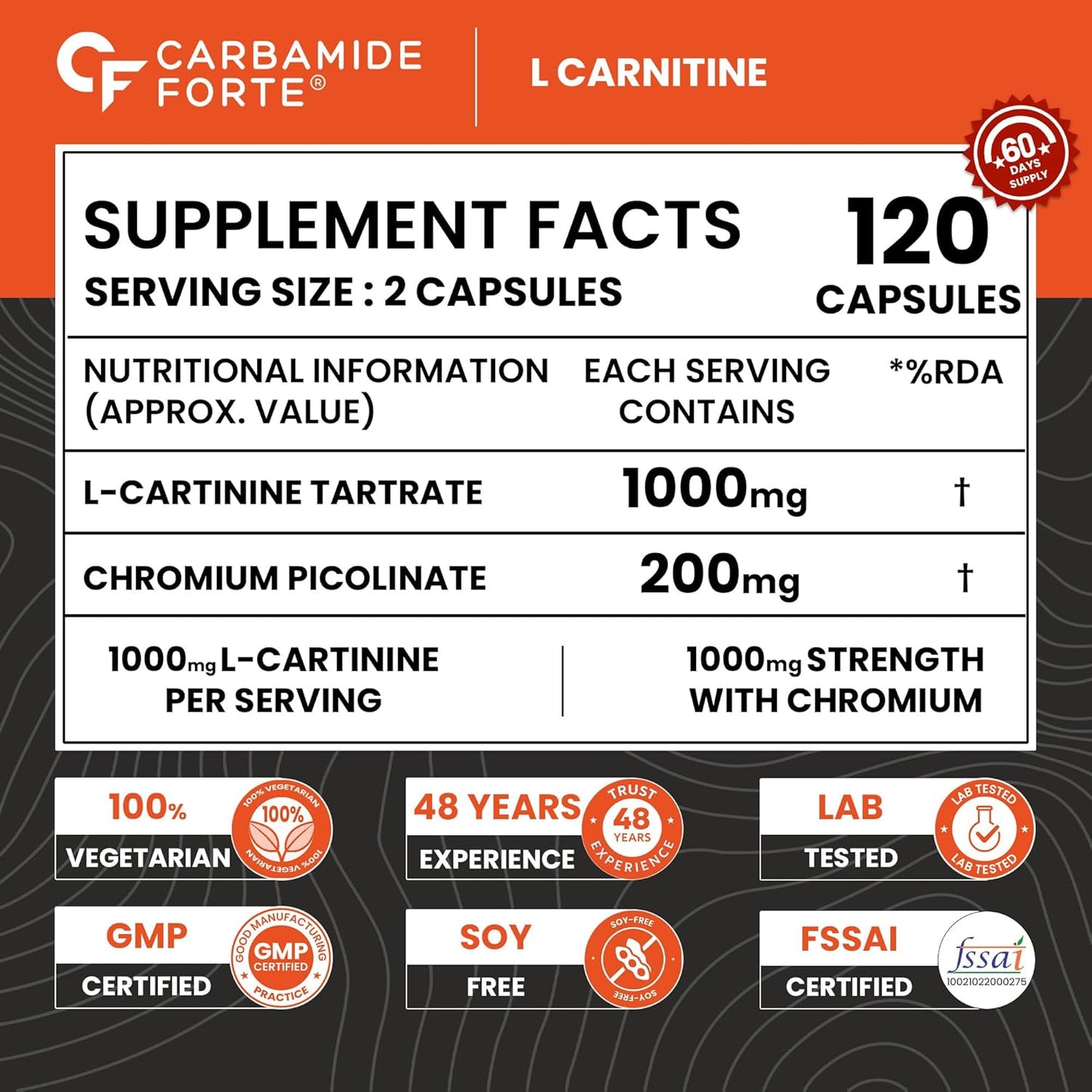 Carbamide Forte L carnitine Tablets For Men & Women | L-Carnitine Supplement To Support Energy, Recovery & Metobolism | L Carnitine L tartrate 1000mg Helps Convert Fat Into Energy - 120 Capsules