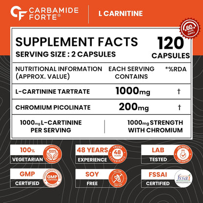 Carbamide Forte L carnitine Tablets For Men & Women | L-Carnitine Supplement To Support Energy, Recovery & Metobolism | L Carnitine L tartrate 1000mg Helps Convert Fat Into Energy - 120 Capsules