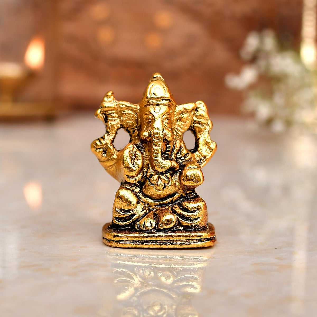 Metal Ganesh Idol for Diwali Decoration Item - Ganesha for Car Dashboard Small Ganpati Statue Figurine Murti for Home Office, Tabledesk Diwali Gift Items (Golden 4.5 CM Height) (Set of 1)
