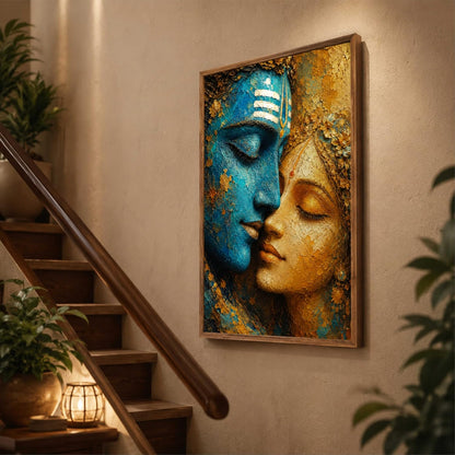 Radha Krishna Face Wall Painting for Living Room Bedroom Hall Office Decor, Divine Love Artwork with Sparkle Laminate and Premium Wooden Synthetic Frame (19.5 x 25.5 Inch) NL01-4109