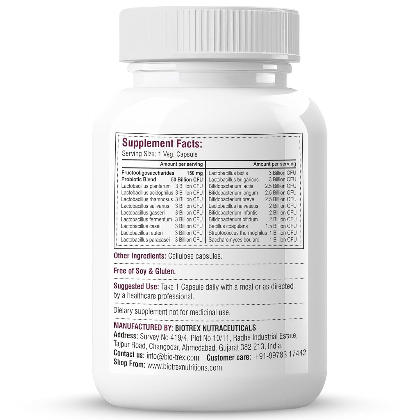 Biotrex Nutraceuticals Probiotics 50 Billion With 150mg Prebiotics Supplement For Gut Health - 60 Capsules