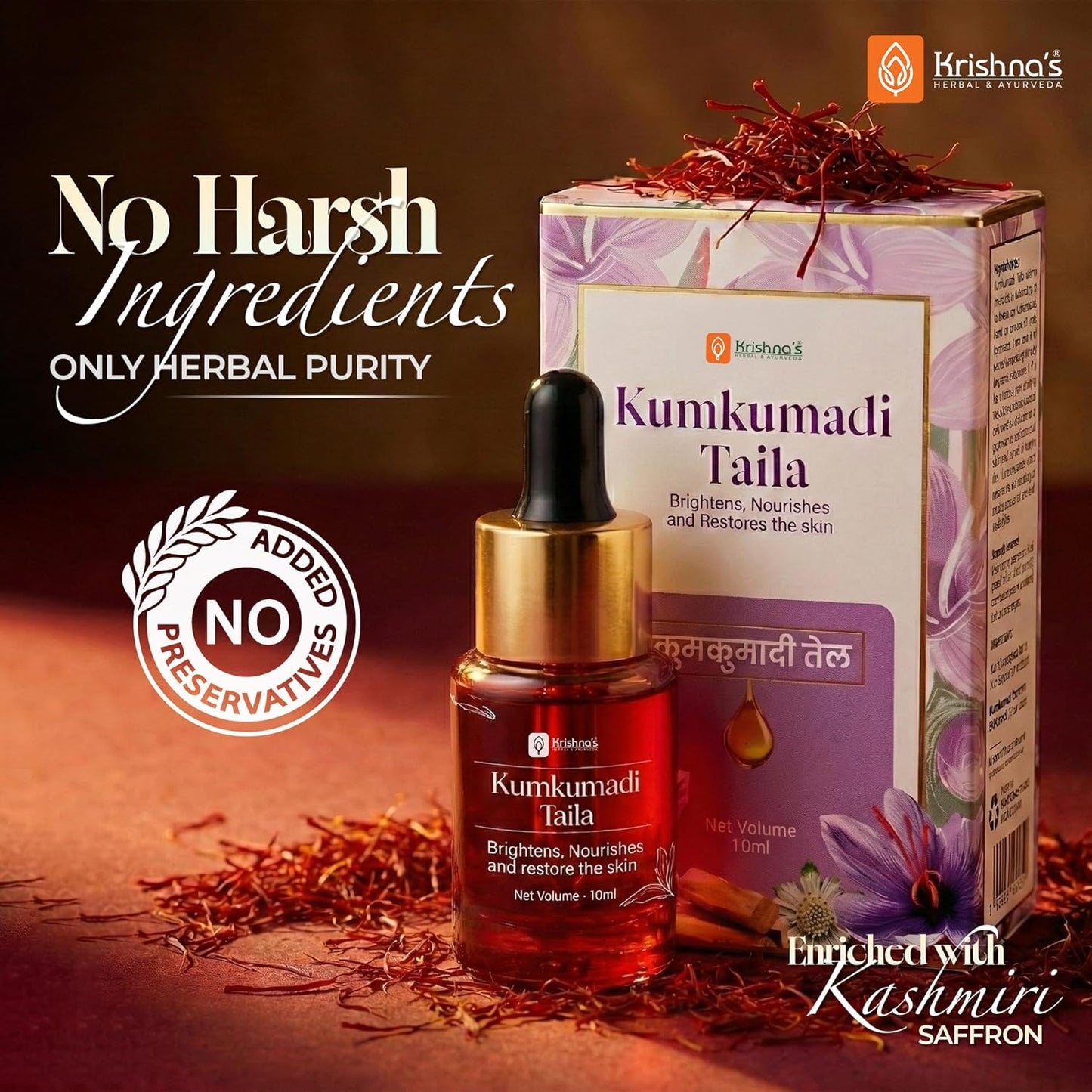 Krishna’s Kumkumadi Taila -10 ml | Herbal Ayurvedic Face Oil | Radiant & Nourished Skin | For Natural Glow