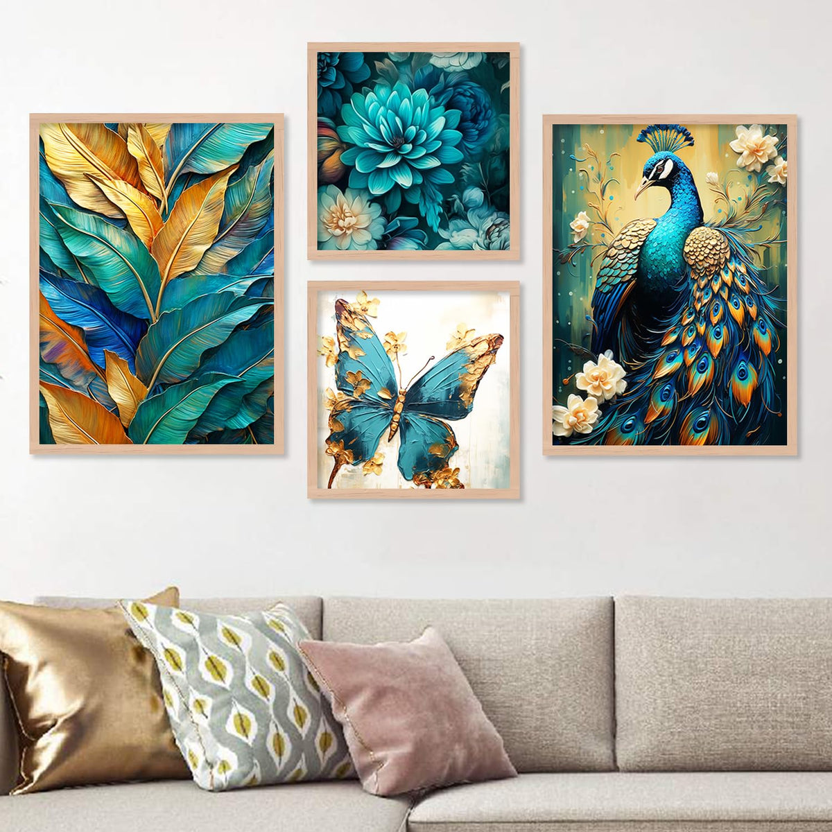 Wood Premium Digital Paintings With Frame For Home Decoration - Painting For Living Room Bedroom Office - Pack Of 4 (G)