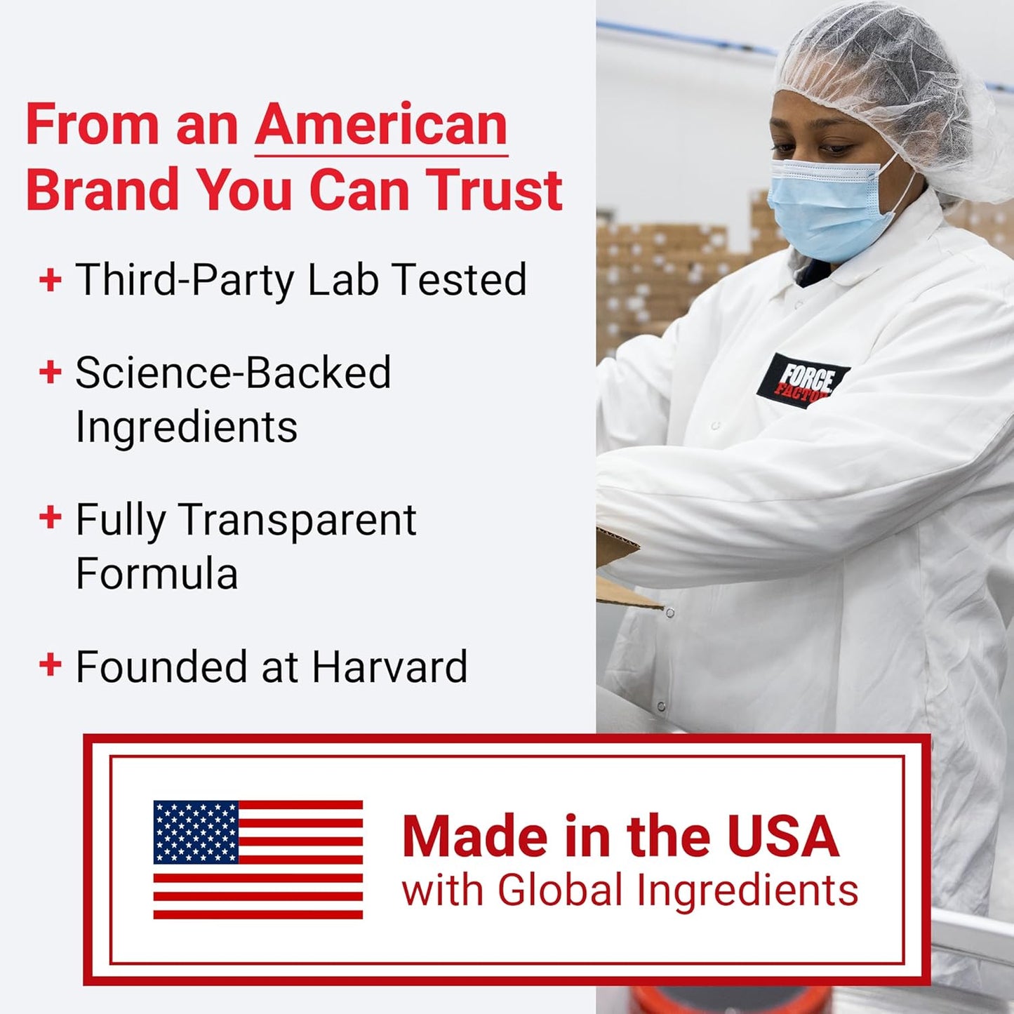 Person in a lab coat with text about an American brand, lab testing, science-backed ingredients, and transparency.