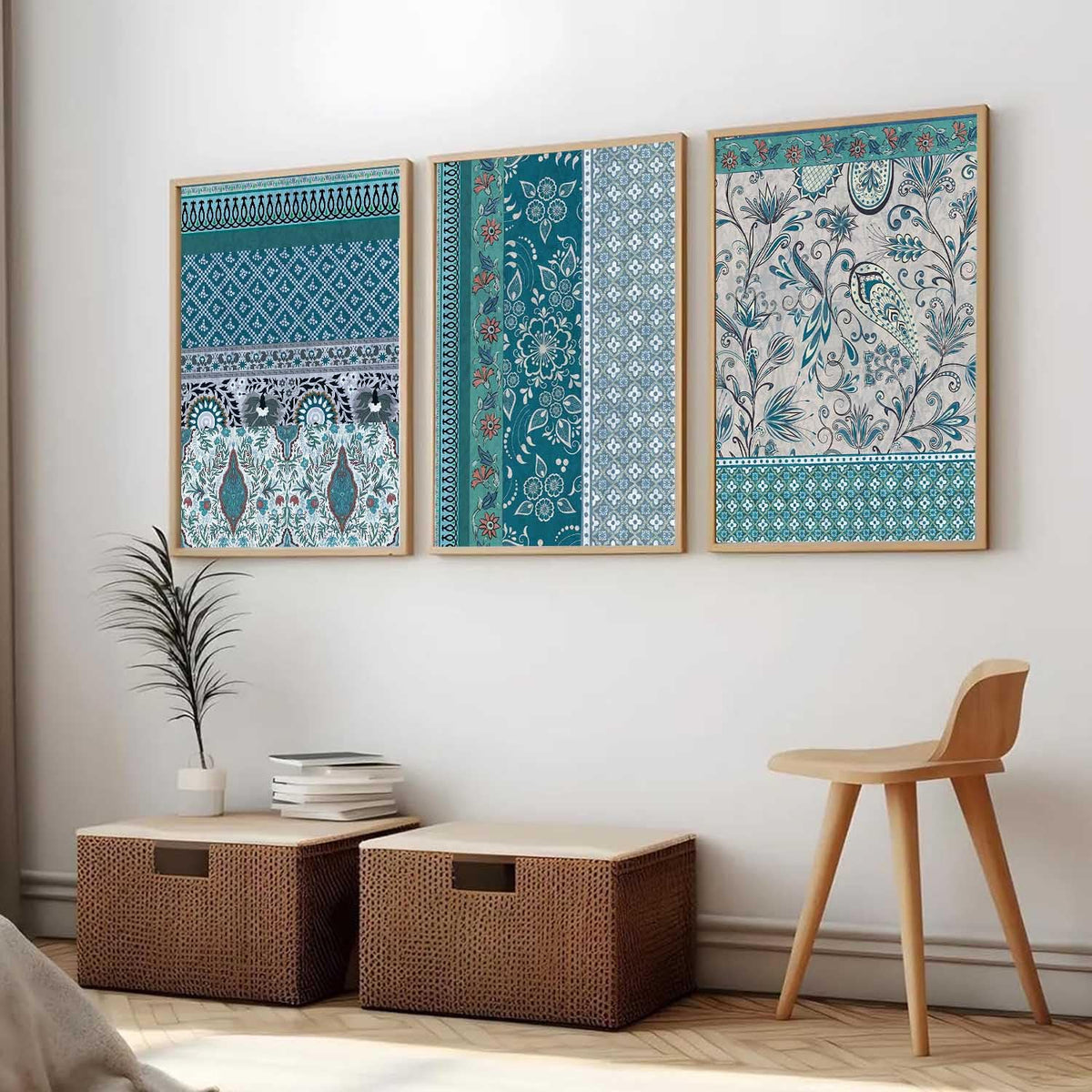 Indian Traditional Madhubani Wall Art Painting With Frame Pichwai Home Decoration For Living Room Bed Room Hotel Wall Decor Digital Reprint Set of 3 (13x17 inch)