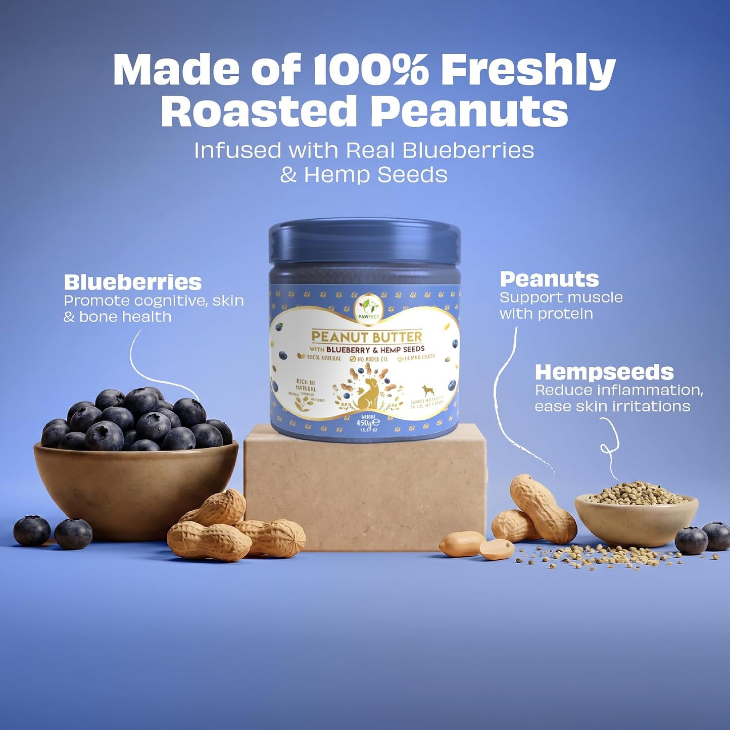 Pawfect Peanut Butter with Blueberries & Hempseeds for Dogs & Puppies - 100% Natural Lickable Treat - No Added Sugar, Salt, Palm Oil - No Sweeteners, No Xylitol - Healthy Dog Treat - 450g/15.87oz