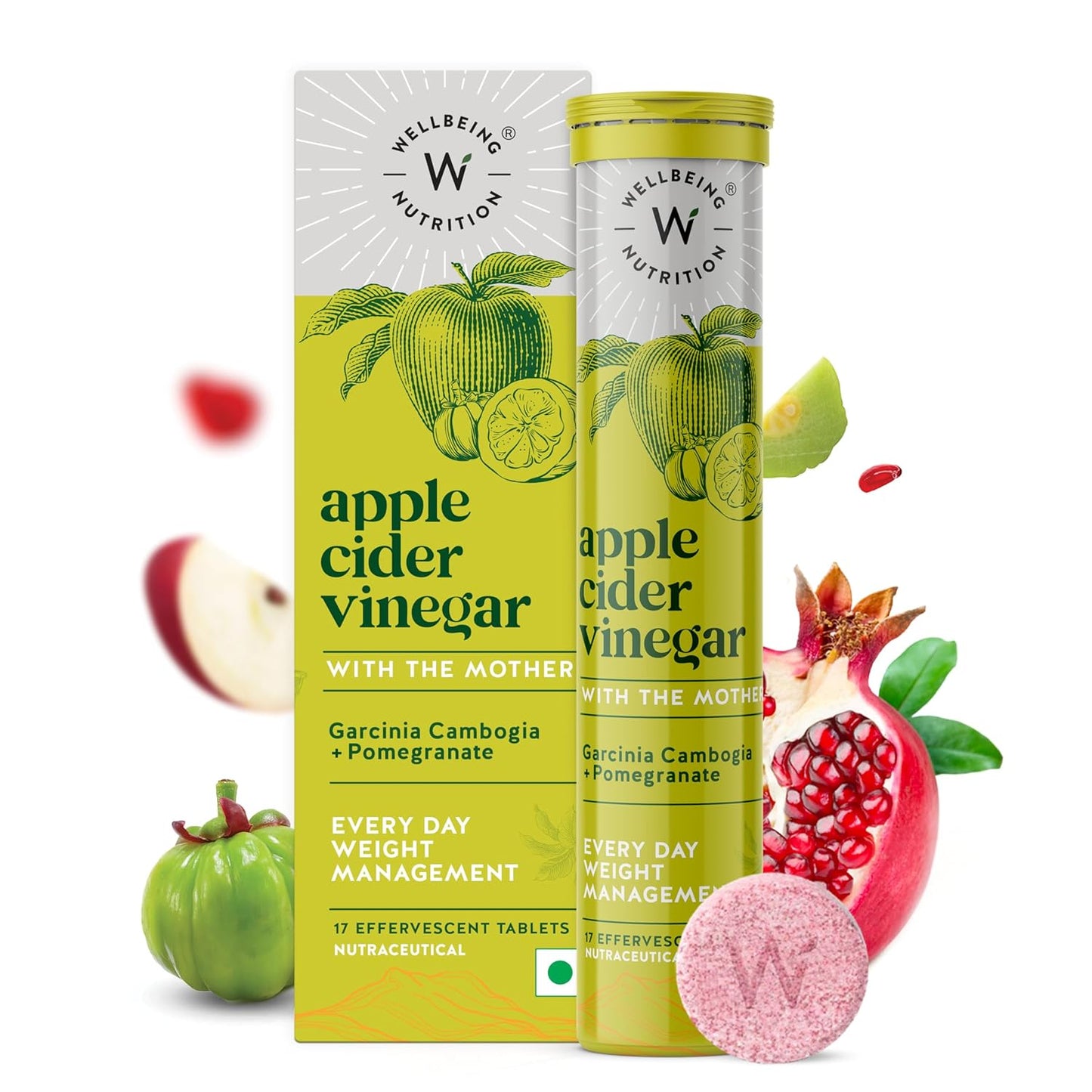 Wellbeing Nutrition Apple Cider Vinegar (ACV) for Weight Loss with Mother & Garcinia Cambogia, Pomegranate| Weight Management, Gut Health, Supports Digestion, Boosts Metabolism 17 Effervescent Tablet