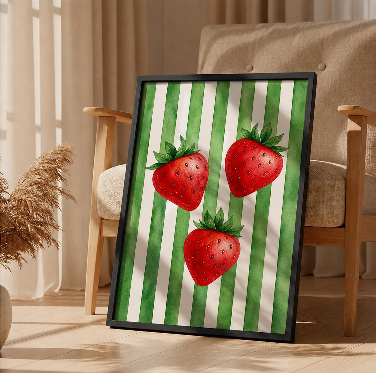 Strawberry Wall Art Framed Painting for Home Decor, Fruit Botanical Artwork Wall Decor for Living Room Bedroom Kitchen Dining Room, Green Retro Aesthetic Room Decoration (DGN06-Black10x13 inch)