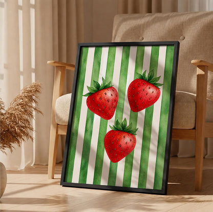 Strawberry Wall Art Framed Painting for Home Decor, Fruit Botanical Artwork Wall Decor for Living Room Bedroom Kitchen Dining Room, Green Retro Aesthetic Room Decoration (DGN06-Black10x13 inch)