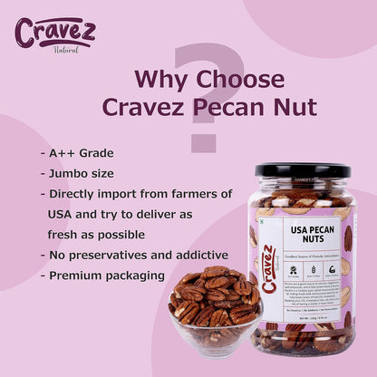 cravez Natural Usa Pecan Nuts (Grade A ++ Nuts, Premium Size, Imported) - Excellent Source Of Phenolic Antioxidant - Packed In Reusable Premium Jar - Dried