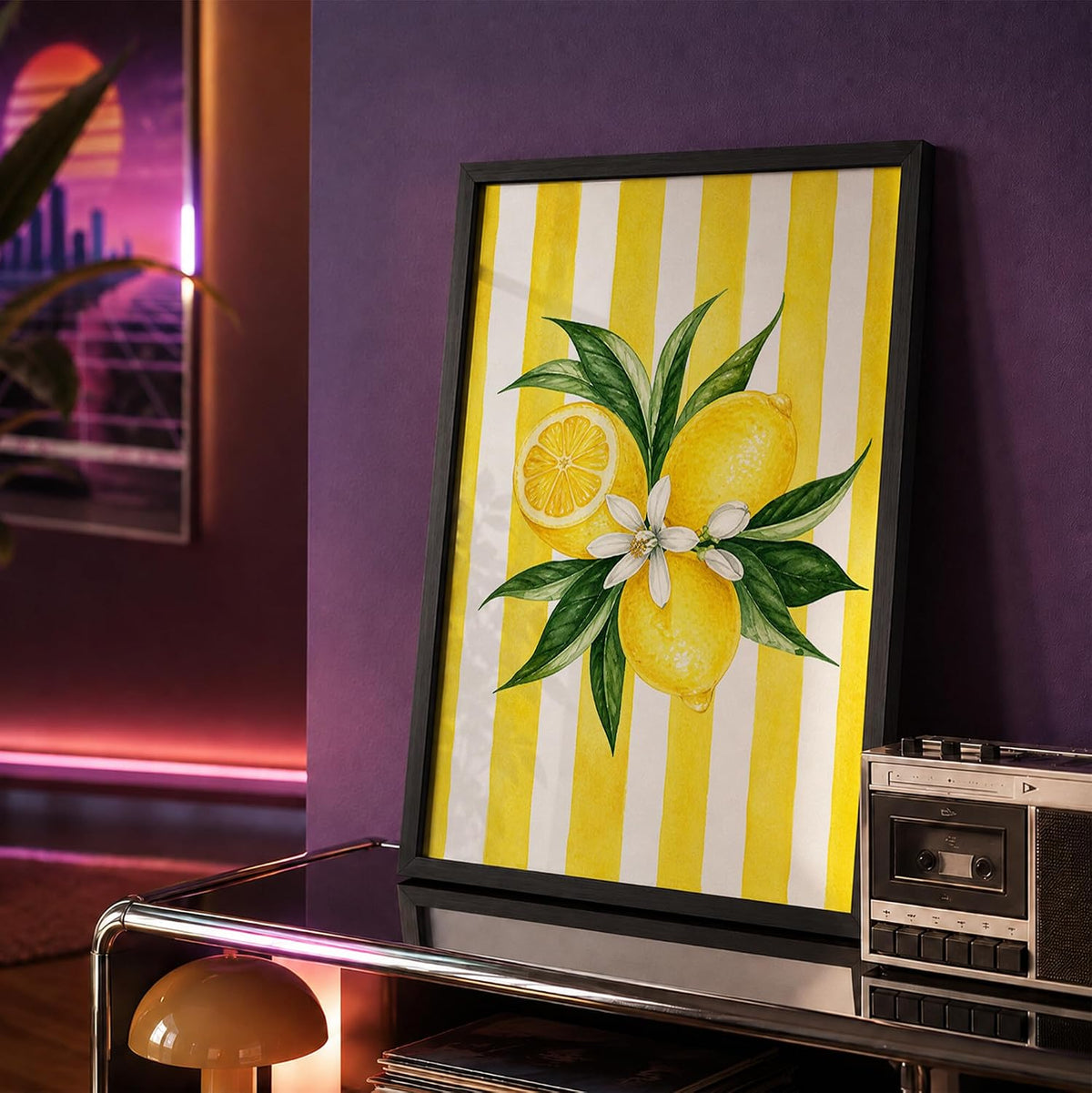 Lemon Wall Art Framed Painting for Home Decor, Citrus Fruit Botanical Artwork Wall Decor for Living Room Bedroom Kitchen Dining Room, Yellow Retro Aesthetic Room Decoration (DGN07-Black10x13 inch)