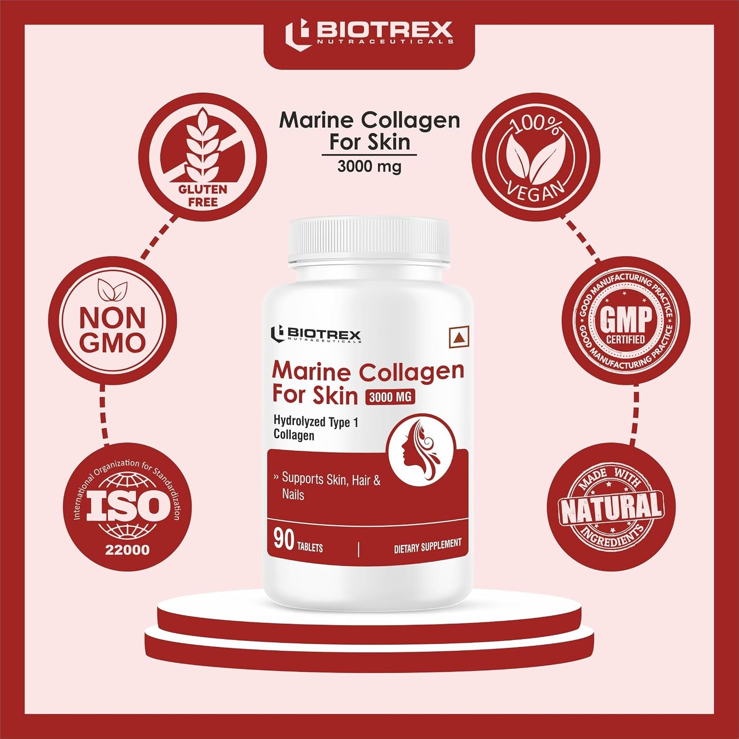Biotrex Nutraceuticals Marine Collagen 3000mg Peptides With Biotin, Hyaluronic Acid, Vitamin C & E, Type 1 Marine Collagen, Healthy Hair, Skin, Nails, For Men & Women - 90 Tablets