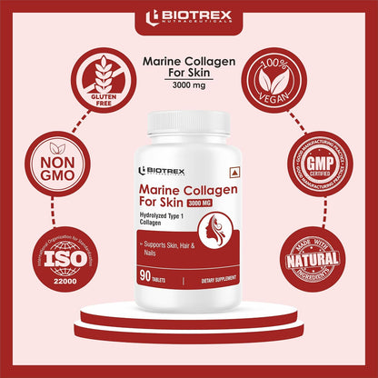Biotrex Nutraceuticals Marine Collagen 3000mg Peptides With Biotin, Hyaluronic Acid, Vitamin C & E, Type 1 Marine Collagen, Healthy Hair, Skin, Nails, For Men & Women - 90 Tablets