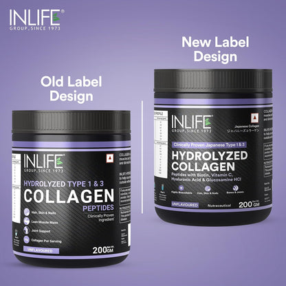INLIFE Japanese Hydrolyzed Collagen Peptides Powder Clinically Proven Ingredient, Type 1 & 3, Skin Health, Bone Health Supplement for Men & Women (Unflavoured, Collagen, 200g)