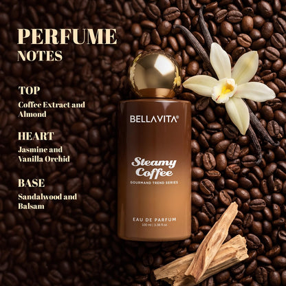 BELLAVITA Steamy Coffee | Long Lasting EDP | 100ml | Perfume for Man | Perfume for Woman | Smells Like a Fresh Brewed Coffee | Vanilla, Almond & Sandalwood | Premium Unisex Gourmand Fragrance