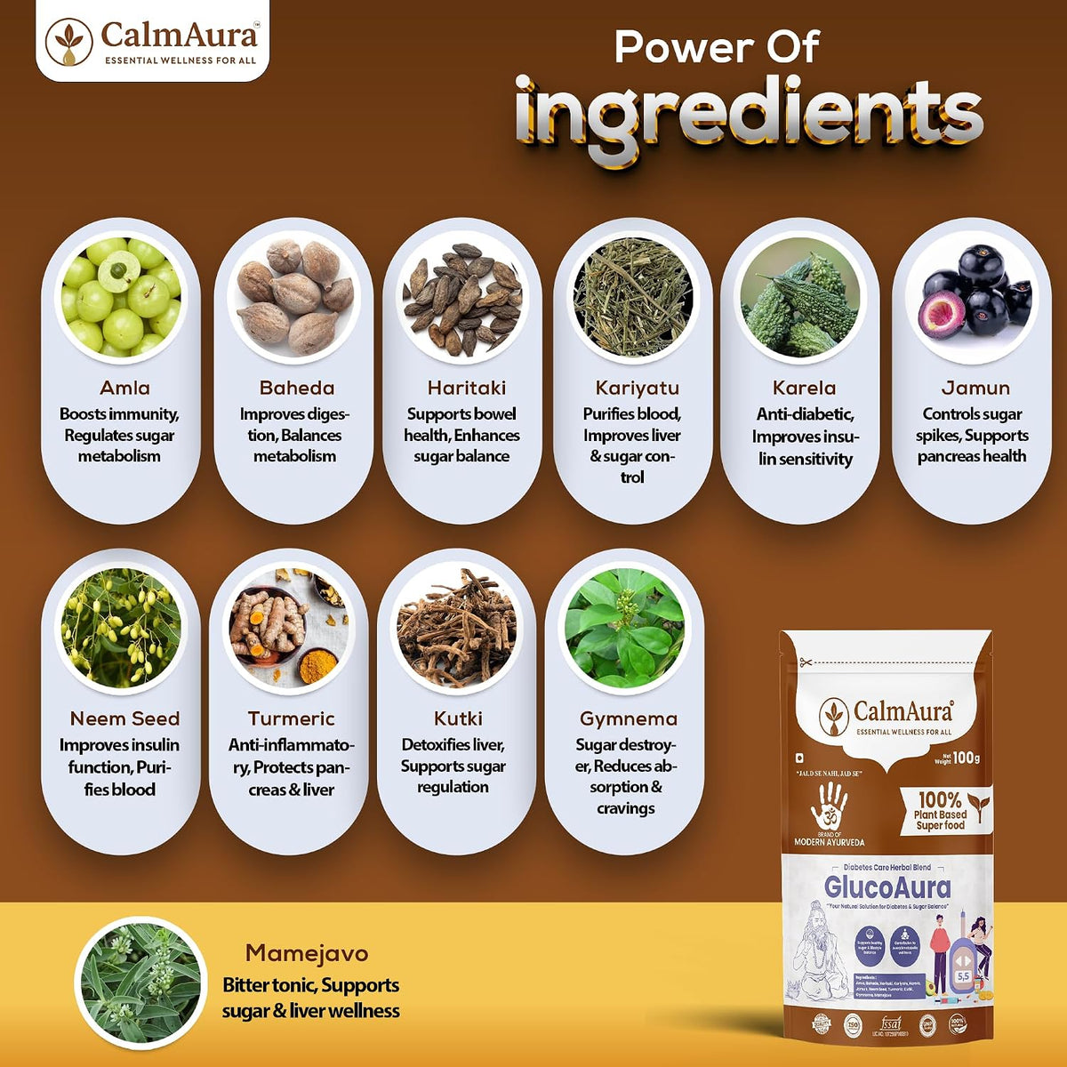 CalmAura GlucoAura Ayurvedic Herbal Wellness Powder 100g | Plant Based Sugar Balance Supplement | Supports Healthy Metabolism, Detox, Digestive Wellness & Daily Vitality | 100% Natural Herbal Formula | Vegan