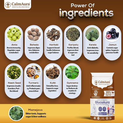 CalmAura GlucoAura Ayurvedic Herbal Wellness Powder 100g | Plant Based Sugar Balance Supplement | Supports Healthy Metabolism, Detox, Digestive Wellness & Daily Vitality | 100% Natural Herbal Formula | Vegan