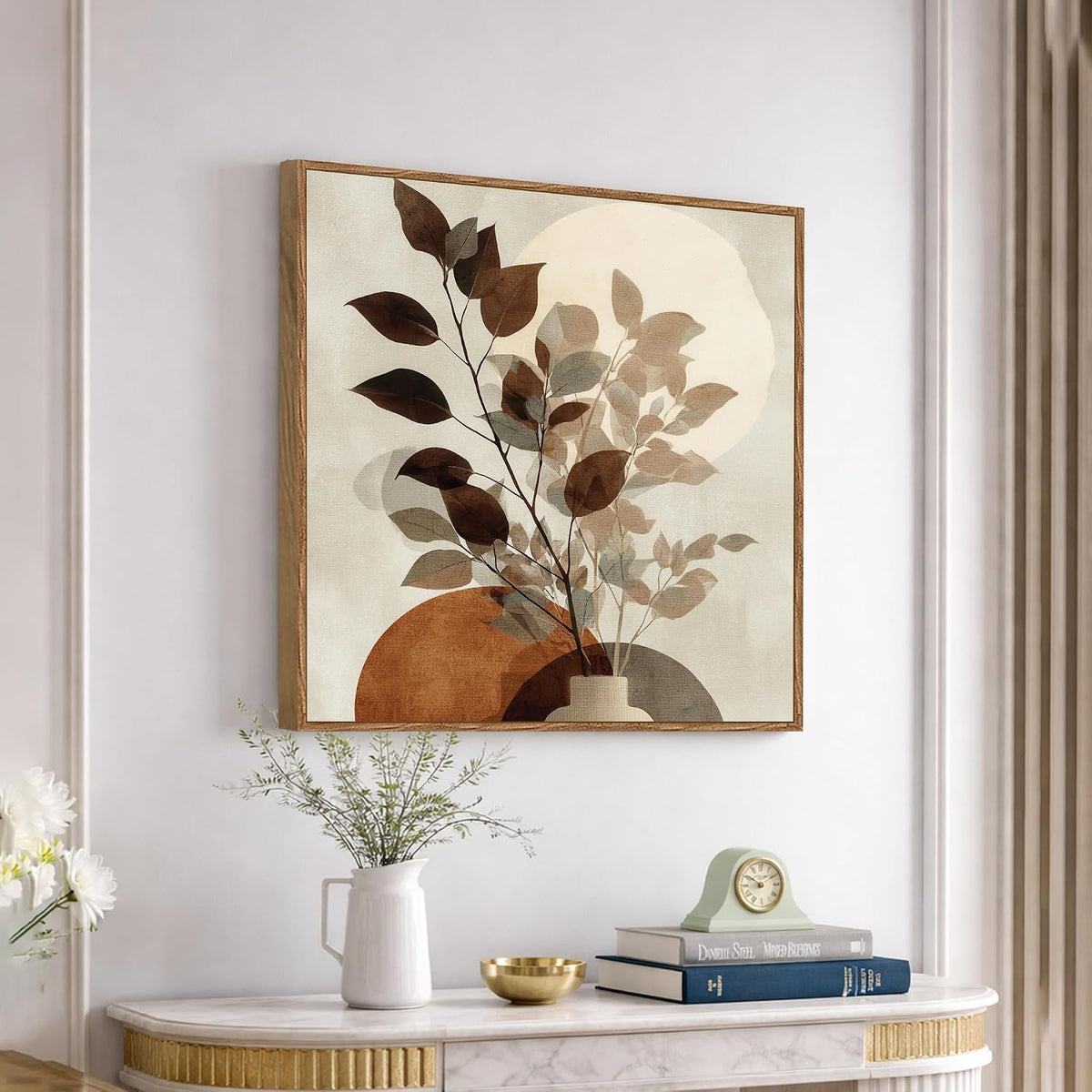 Abstract Vase Leaf Framed Painting For Living Room | Modern Botanical Large Canvas Painting With Frame Wall Art For Bedroom, Hallway's, Office, Hotel, Size 58x58 cm