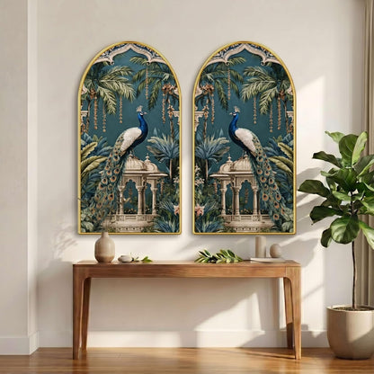 Set of 2 Peacock Wall Painting for Living Room, Tropical Palace Modern Artwork, PVC Golden Frame, Arch Shape Wall Decor for Bedroom, Hall, Office & Gift (30 x 32 Inch) RPNL-02-116