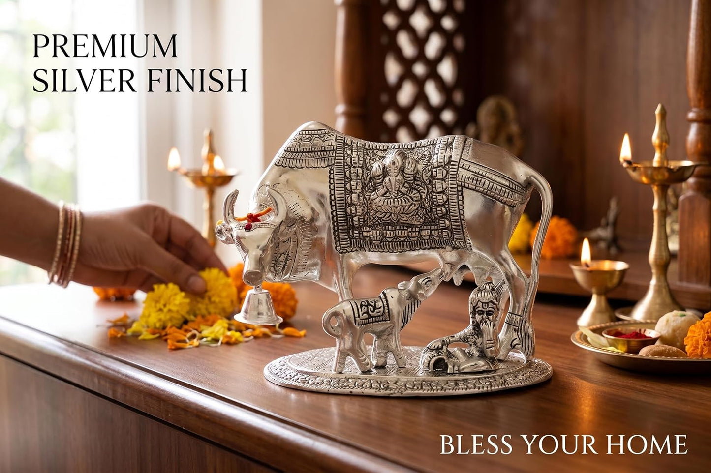 KridayKraft Kamdhenu Cow & Calf with Bal Gopal Krishna Metal Statue Vastu Idol for Good Luck, Wealth & Prosperity, Feng Shui Showpiece for Home, Office & Housewarming Gift (Silver)