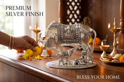 KridayKraft Kamdhenu Cow & Calf with Bal Gopal Krishna Metal Statue Vastu Idol for Good Luck, Wealth & Prosperity, Feng Shui Showpiece for Home, Office & Housewarming Gift (Silver)