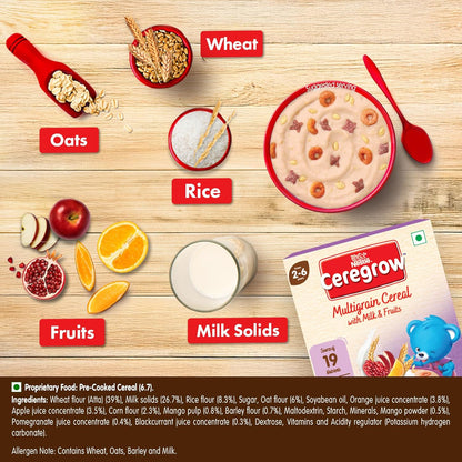 CEREGROW Multigrain Milk & Fruits Cereal | With Iron, Protein, Calcium | 19 Nutrients | 300g, Bag-in-box Pack