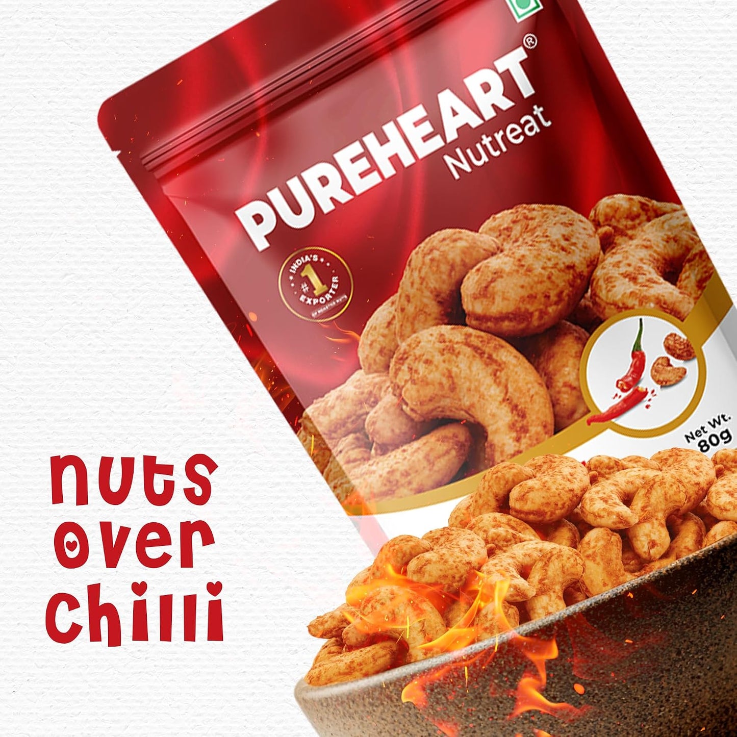 Pureheart Nutreat Fiery Hot Cashews, Premium Spicy Roasted Masala Cashew Nuts/Kaju Dry Fruit | Protein & Fiber Rich Chili Cashews| Crunchy Snack | No Artificial Colors, Flavors, Preservatives