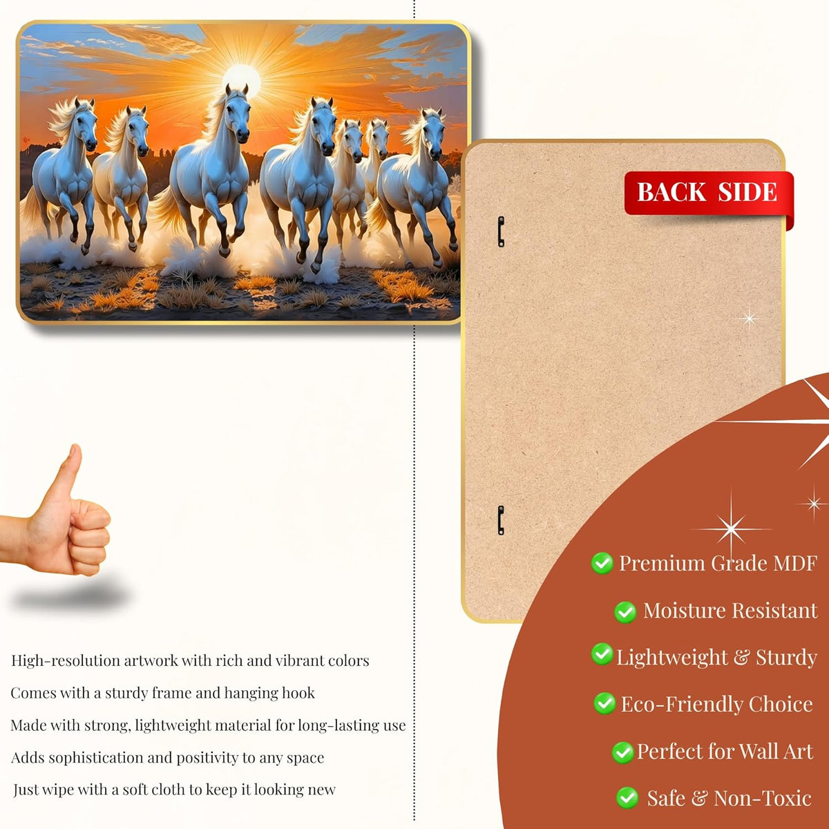 7 Running Horses MDF Wall Art 12x18 Inch | Golden Border Vastu Painting for Home & Office Décor | Modern Elegant Wall Hanging Frame for Living Room, Bedroom (Design 3)
