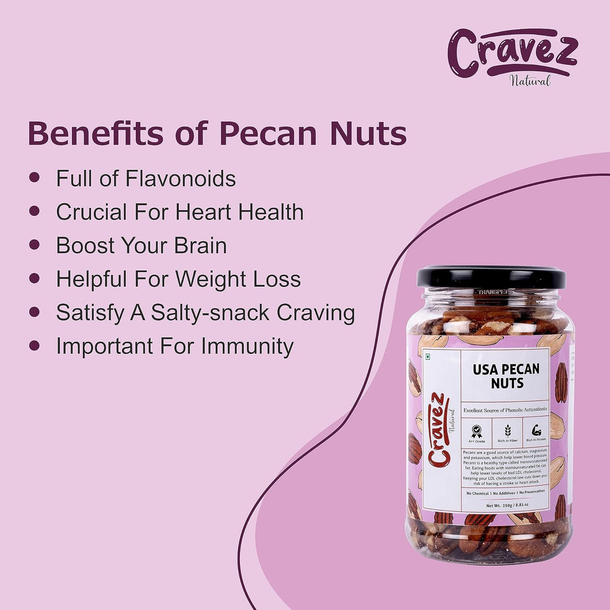 cravez Natural Usa Pecan Nuts (Grade A ++ Nuts, Premium Size, Imported) - Excellent Source Of Phenolic Antioxidant - Packed In Reusable Premium Jar - Dried