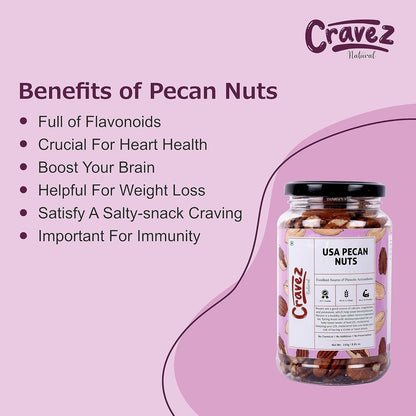 cravez Natural Usa Pecan Nuts (Grade A ++ Nuts, Premium Size, Imported) - Excellent Source Of Phenolic Antioxidant - Packed In Reusable Premium Jar - Dried