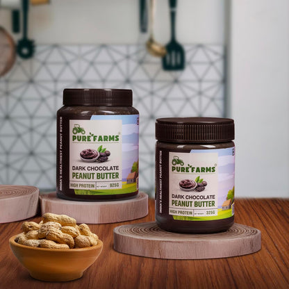 PURE FARMS Dark Chocolate Peanut Butter | Crunchy Chocolate Peanut Butter Spread | 22g Protein, Pure Cocoa | 80% Roasted Peanuts, No Hydrogenated Oil