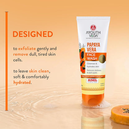 Ayouthveda Papaya Vera Face Wash with Real Papaya Extract for Dry to Normal Skin | Deep Cleansing, Removes Dullness, Dark Spots & Impurities | Hydrating, Sulfate-Free Gentle Formula | 100 g (Pack of 1)
