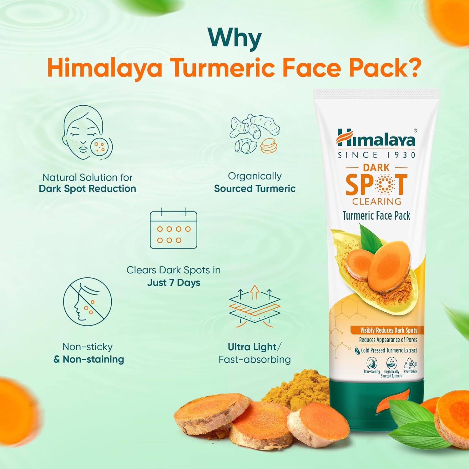 Himalaya Turmeric Face Pack packaging with benefits on a green background