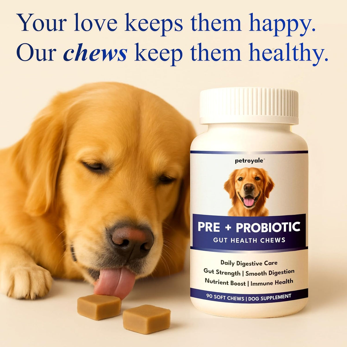 Petroyale Dog Pre+ Probiotic & Prebiotic Chews – Probiotics for Dogs – Dog Gut Health Supplement – Relieves Diarrhea, Improves Digestion & Immunity (90 Soft Chew)