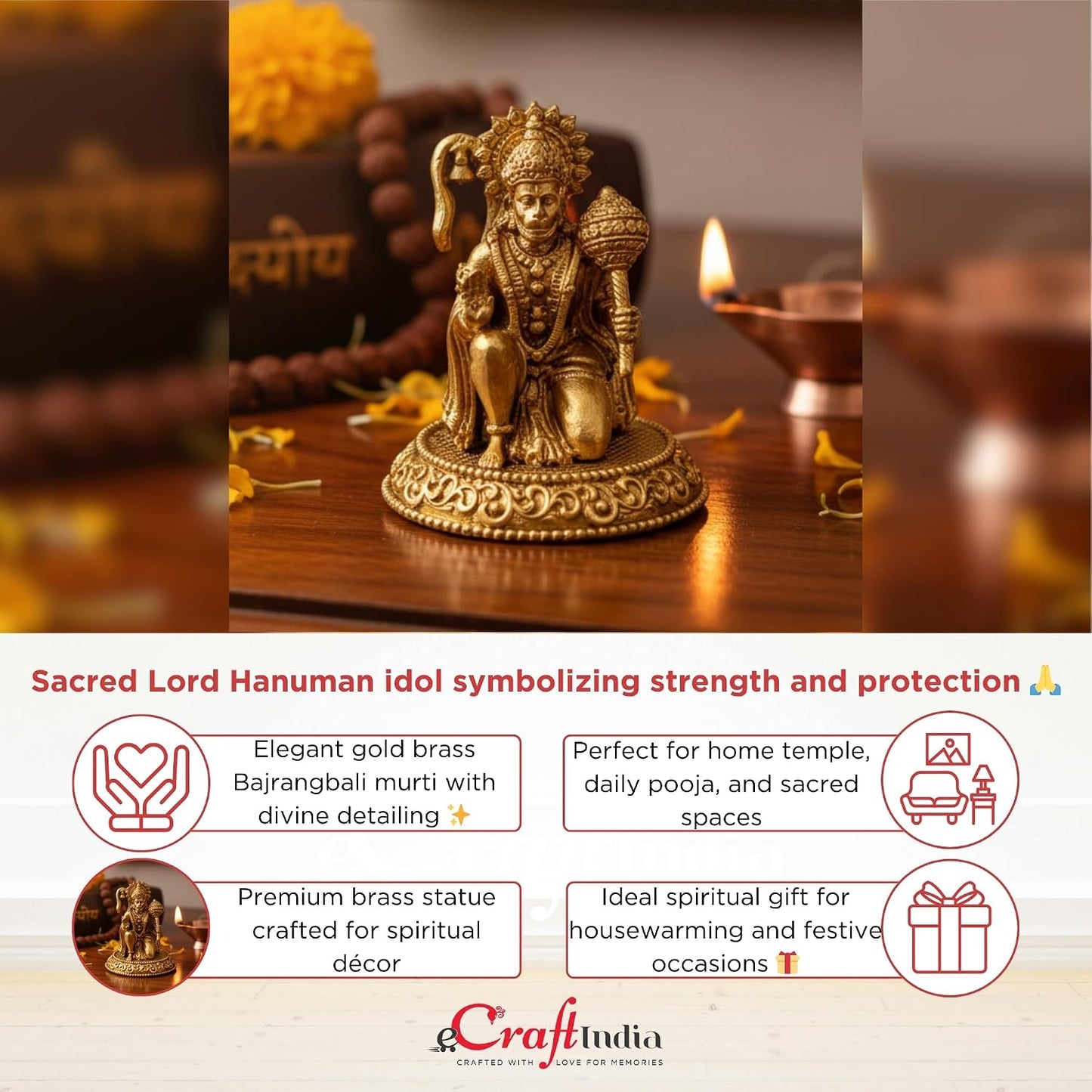 eCraftIndia Gold Brass Hanuman Idol for Daily Pooja Rituals Home Temple | Hanuman Ji Statue Figurine Bajrangbali Murti