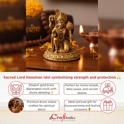 eCraftIndia Gold Brass Hanuman Idol for Daily Pooja Rituals Home Temple | Hanuman Ji Statue Figurine Bajrangbali Murti