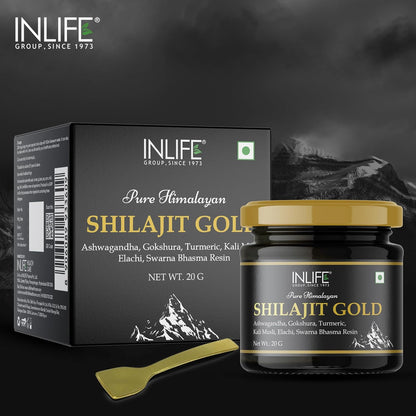 INLIFE Shilajit Gold 20g | Original Himalayan Shilajit Resin with Ashwagandha, Tribulus, Turmeric, Kali Musli for Strength, Endurance & Stamina | 75% Fulvic Acid | Lab Tested Ayurvedic Supplement