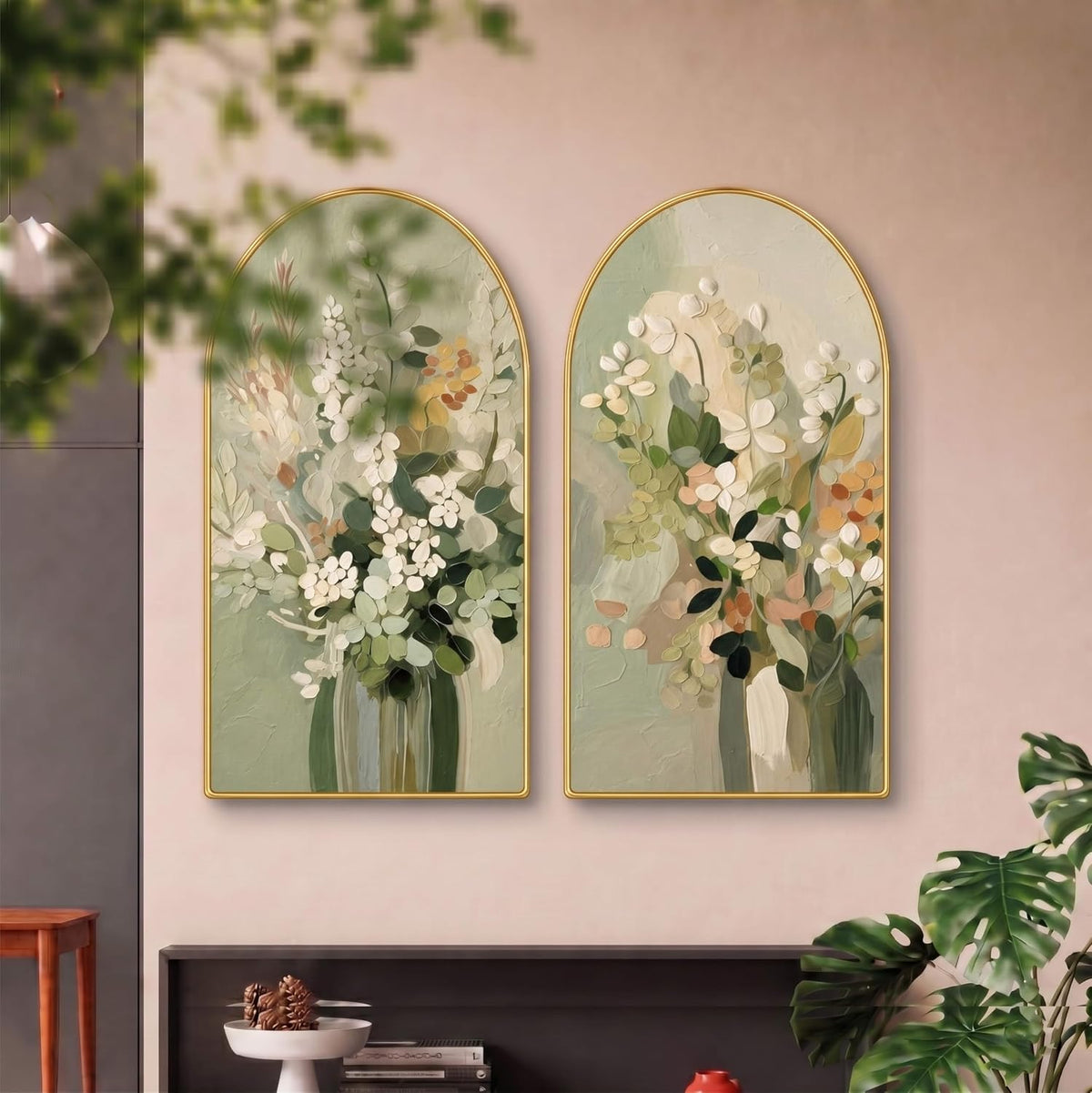 Set of 2 Floral Wall Painting for Living Room, Green Botanical Modern Artwork, PVC Golden Frame, Arch Shape Wall Decor for Bedroom, Hall, Office & Gift (30 x 32 Inch) RPNL-02-113