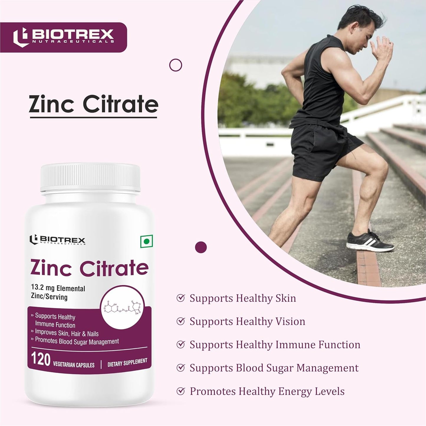Biotrex Nutraceuticals Zinc Citrate Supplement | Immunity & Growth | Better Immune System & Overall Healing | Well Absorbed Zinc | 120 Veg Capsules