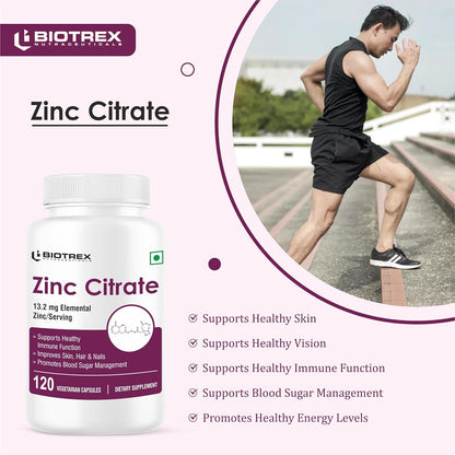 Biotrex Nutraceuticals Zinc Citrate Supplement | Immunity & Growth | Better Immune System & Overall Healing | Well Absorbed Zinc | 120 Veg Capsules