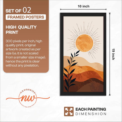 Minimalist Sun Moon Wall Art Set of 2 Framed Prints, Abstract Mountain Landscape Posters, Boho Neutral Scandinavian Nature Decor for Living Room, Bedroom & Office, 10x19 Inch Wooden Frames