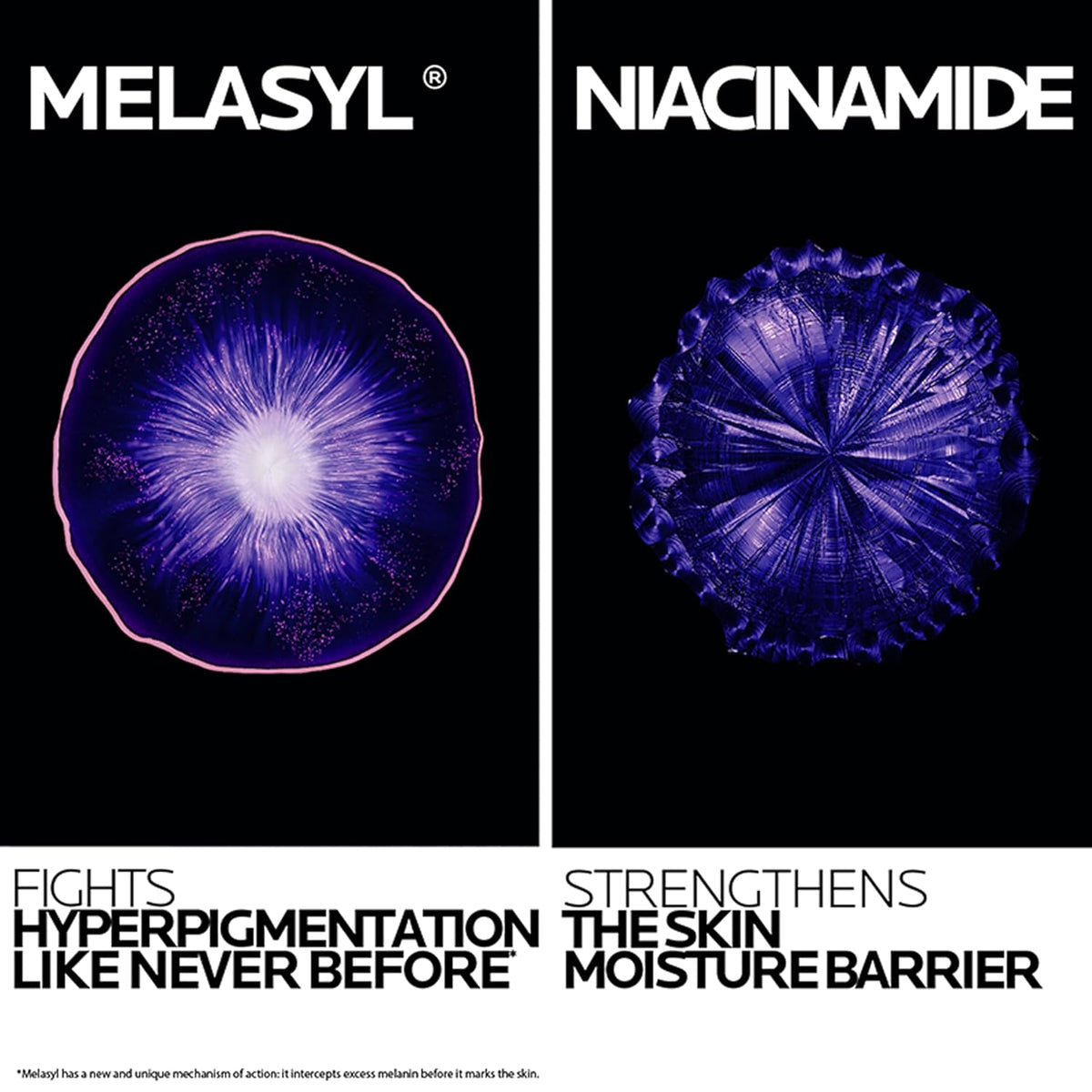 Advertisement for Melasyl Niacinamide with purple spherical structures on a black background.