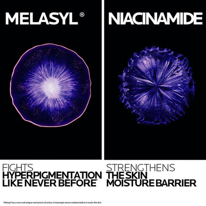 Advertisement for Melasyl Niacinamide with purple spherical structures on a black background.