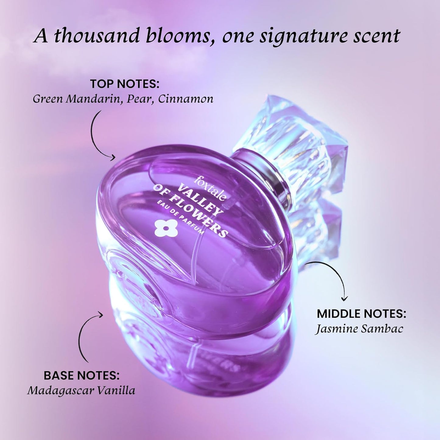 Foxtale Valley of Flowers Eau De Parfum | Long Lasting Floral Perfume | With Notes of Jasmine Sambac, Green Mandarin & Madagascar Vanilla | Luxury Perfume