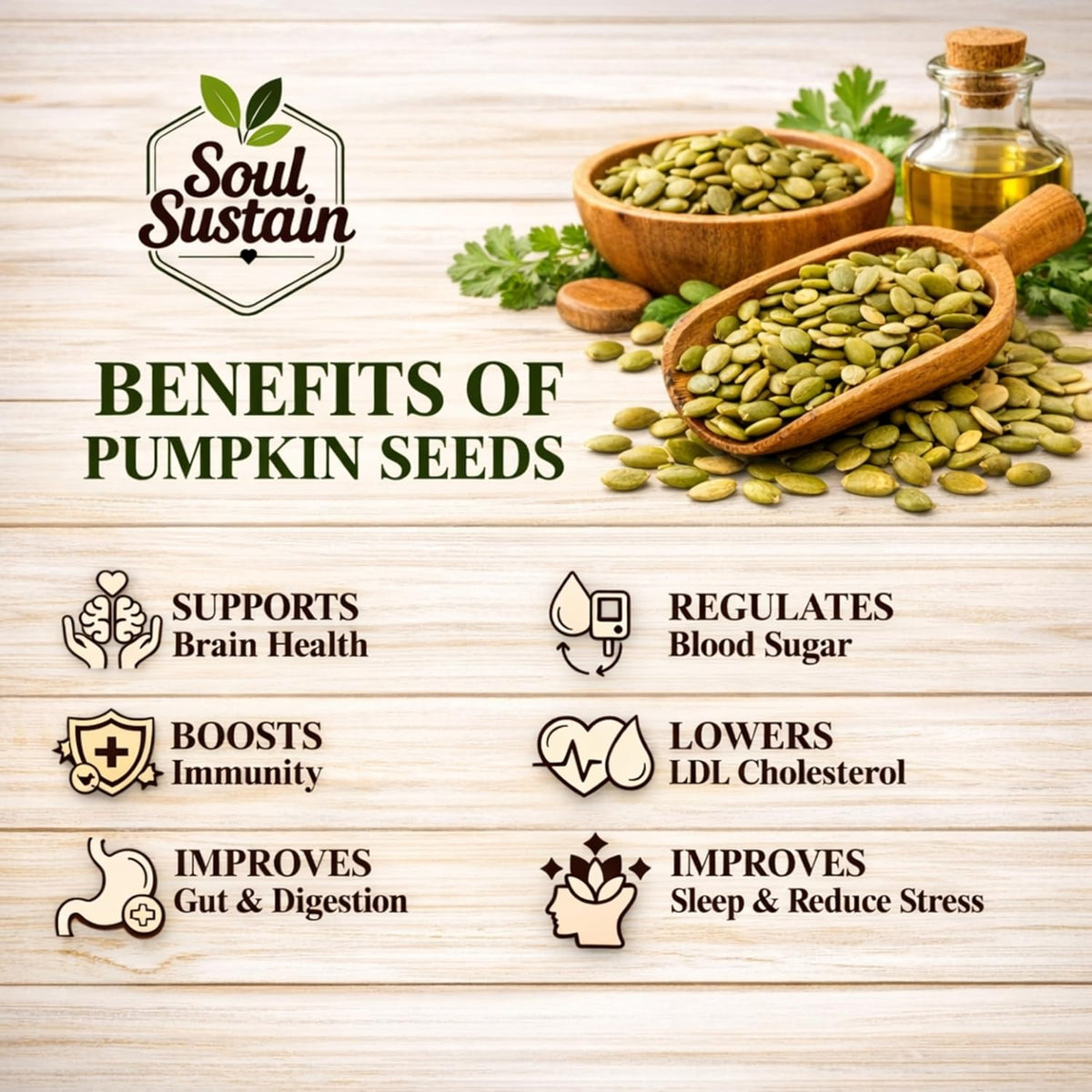 SoulSustain Pumpkin Seeds| Raw Pumpkin Seeds | Edible Seeds for Daily Nutrition | Plant Based Protein | Roasted Snack, Smoothies, Baking, Salads, Keto & Vegan Diet