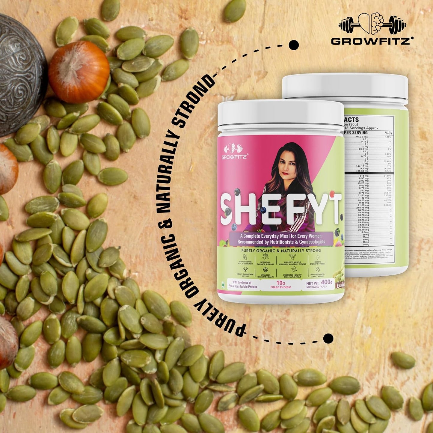 Growfitz Shefyt 100% Natural Plant Protein Rich 400g | 12g Protein | Meal Replacement Shake For Weight Control & Management | 50+ Powerful Herbs | Energy, Wellness, Immunity, Law Fat (Cardamom)