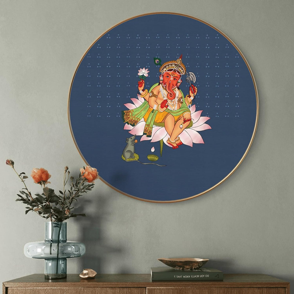 Lord Ganesha Round Art Print with Golden Frame | Ganpati on Lotus HD Divine Art Print for Pooja Room Living Room Temple Decor 16 Inch x 16 Inch