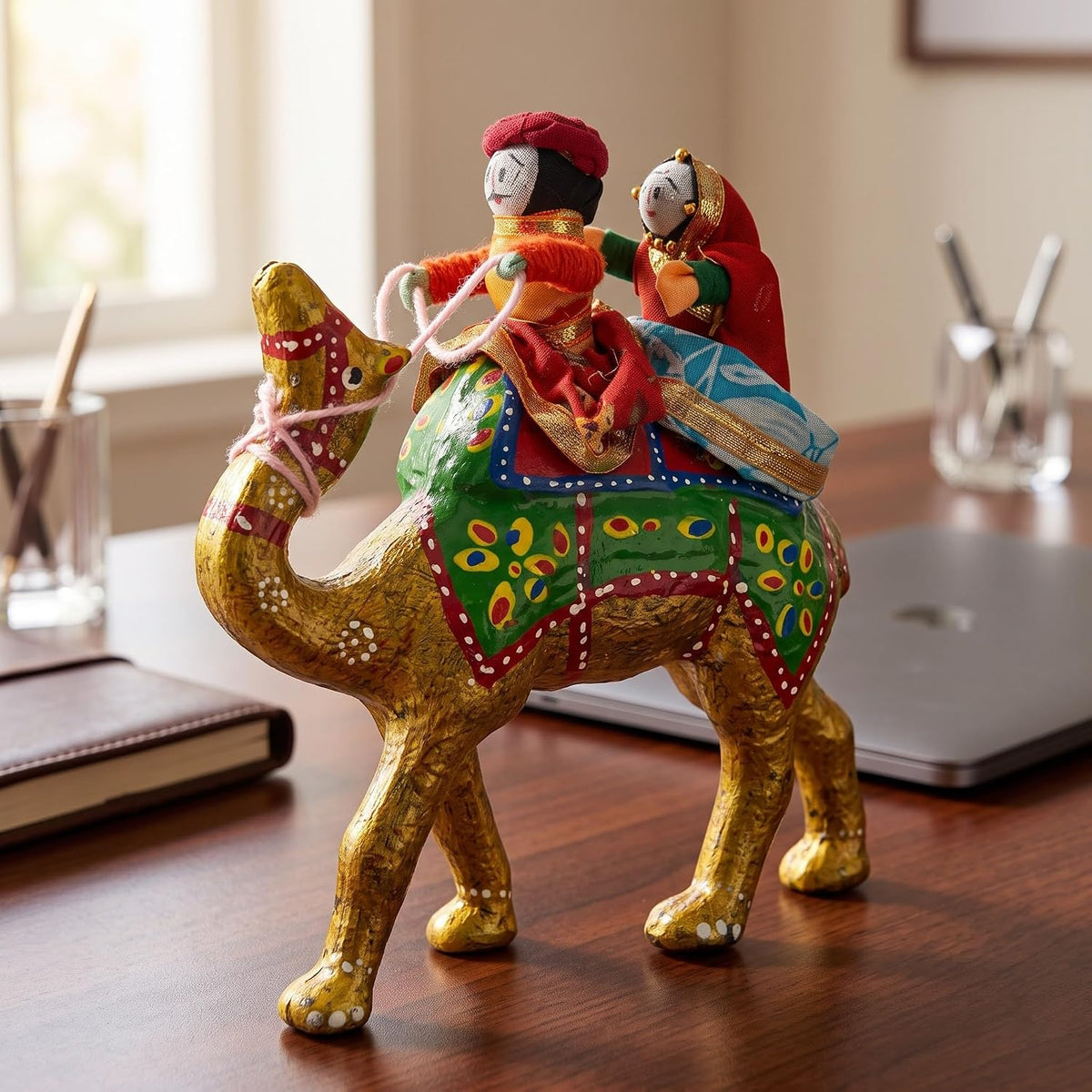 JH Gallery Handmade Recycled Material Figurines Rajasthani Doll Couple Rider Idol Showpiece, Multicolor (18 * 16 * 5cm) (Camel)