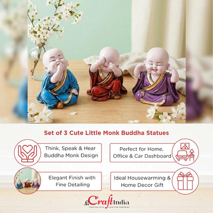 eCraftIndia Resin Blue, Red & Purple Think No Evil, Speak No Evil, Hear No Evil Set of 3 Cute Little Monk Buddha Statues Decorative Showpieces for Car Dashboard, Home & Office Decor